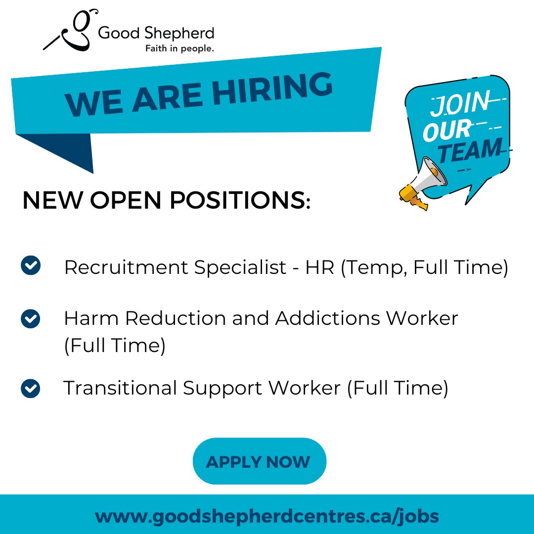 Join our team! New postings have been added to our website. For details, visit goodshepherdcentres.ca/jobs