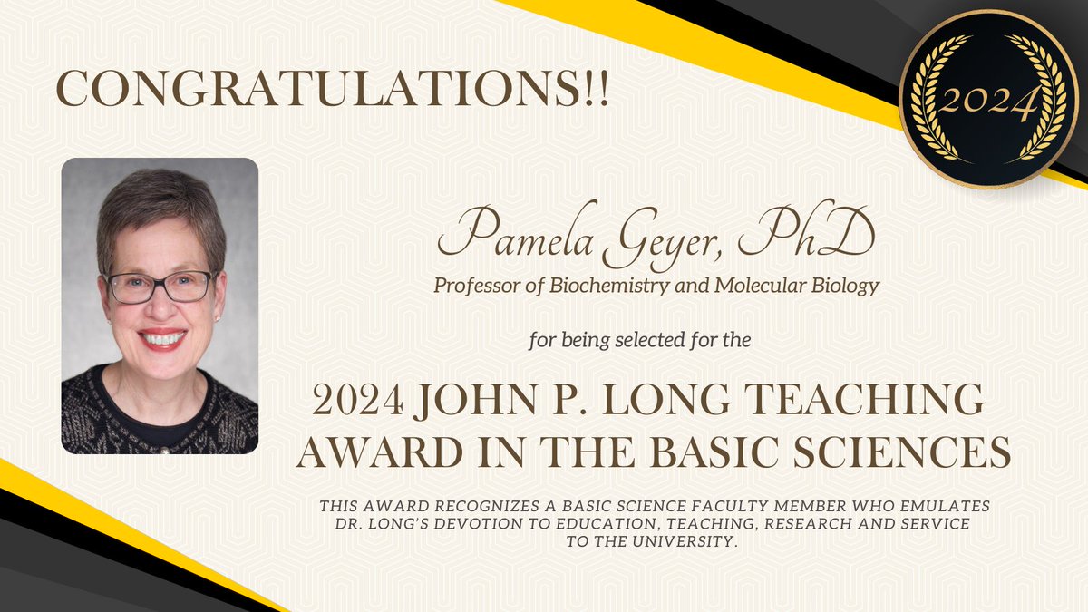 Congratulations to Dr. Pamela Geyer on being selected to receive the 2024 JP Long Teaching Award in the Basic Sciences! This award recognizes a basic science faculty member who emulates Dr. Long's devotion to education, teaching, research and service to the University.