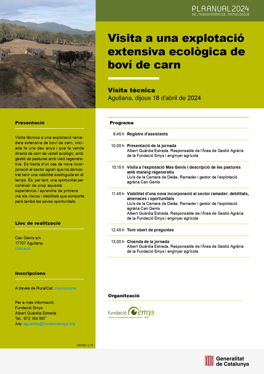 fundacioemys's tweet photo. ✅Visita a una explotació #ramadera extensiva de boví de carn, iniciada fa uns deu anys i que fa venda directa de carn de vedell ecològic, amb gestió de #pastures amb visió regenerativa.
🗓️ 18 d'abril
🕐 De 9:45h a 13:00h
📍Agullana
✍️ Inscripcions: https://t.co/bPjx9ed85E https://t.co/89ClfjbmMn