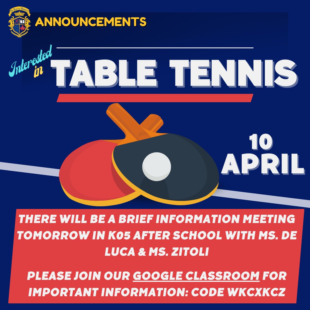 🏓BRIEF information meeting tomorrow in K05 after school with Ms. De Luca &amp; Ms. Zitoli 🏓

Please join the google classroom for important info: Code wkcxkcz