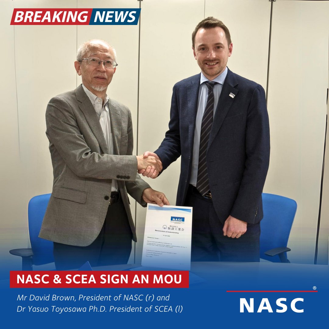 Mr David Brown, President of NASC (r) and Dr Yasuo Toyosawa Ph.D. President of SCEA (l) sign an MOU between NASC and SCEA, further uniting NASC and SCEA drive to improved standards and better safety across the globe. This is part of NASC programme of engaging likeminded…