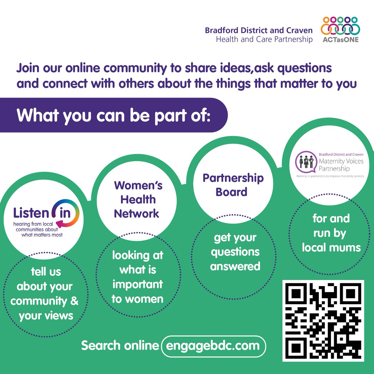 Join our online community 🤝 Head to engagebdc.com to share ideas, ask questions and connect with others about the things that matter to you. Our projects include: 👂Listen in 🔗Women's Health Network 🙌Partnership Board 🗣️Maternity Voices Partnership