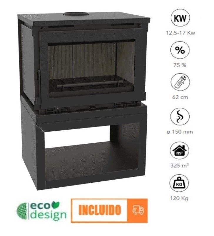 #Estufa de #leña FM M-170L con leñero y turbinas. Montaje sencillo y mínimas obras. 1410 €. Calienta espacios de hasta 100 m2. buff.ly/3jmupeL