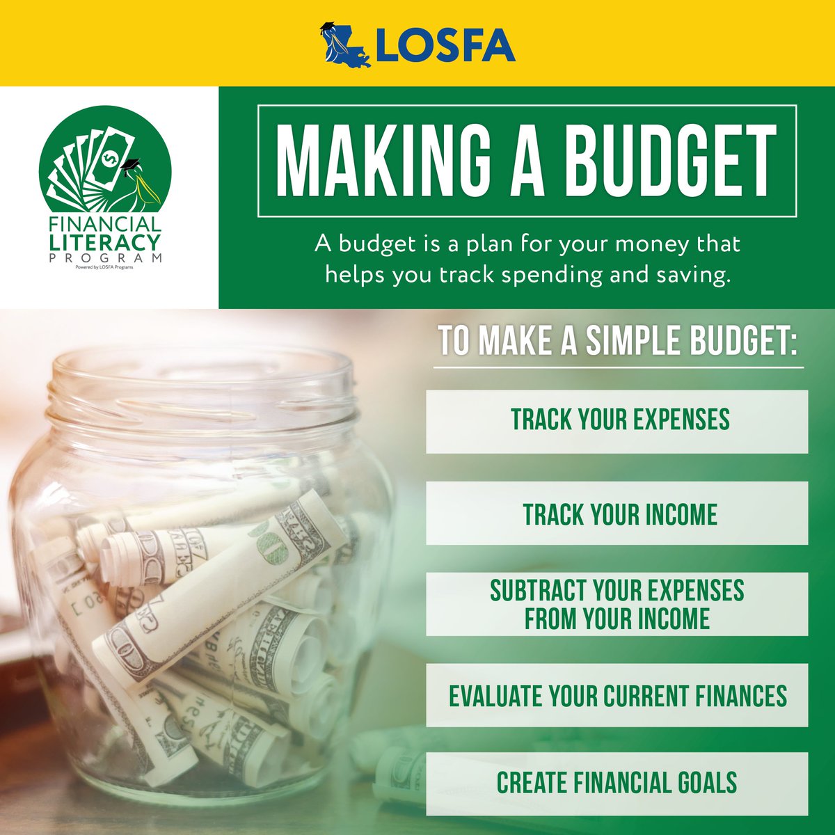 Creating a budget can feel overwhelming, but it is a significant first step in determining the current state of your money. During #FinancialLiteracyMonth, try keeping a spending log this month and see where your money goes.