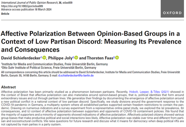 Leute, es ist mal wieder Zeit für einen Thread. :) Wir haben nämlich Ergebnisse des RAPID-COVID Projekts rund um 'affektive Polarisierung' unter Befürworter:innen und Gegner:innen der COVID-19 Maßnahmen in DE zu Papier gebracht für das @IJPOR_Journal: doi.org/10.1093/ijpor/…
