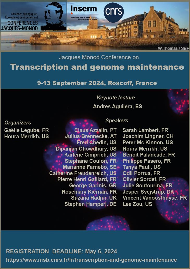 Registration deadline is approaching for the conference on 'Transcription and Genome maintenance' ! There are slots for selected talks! Register before May6th insb.cnrs.fr/fr/transcripti…
