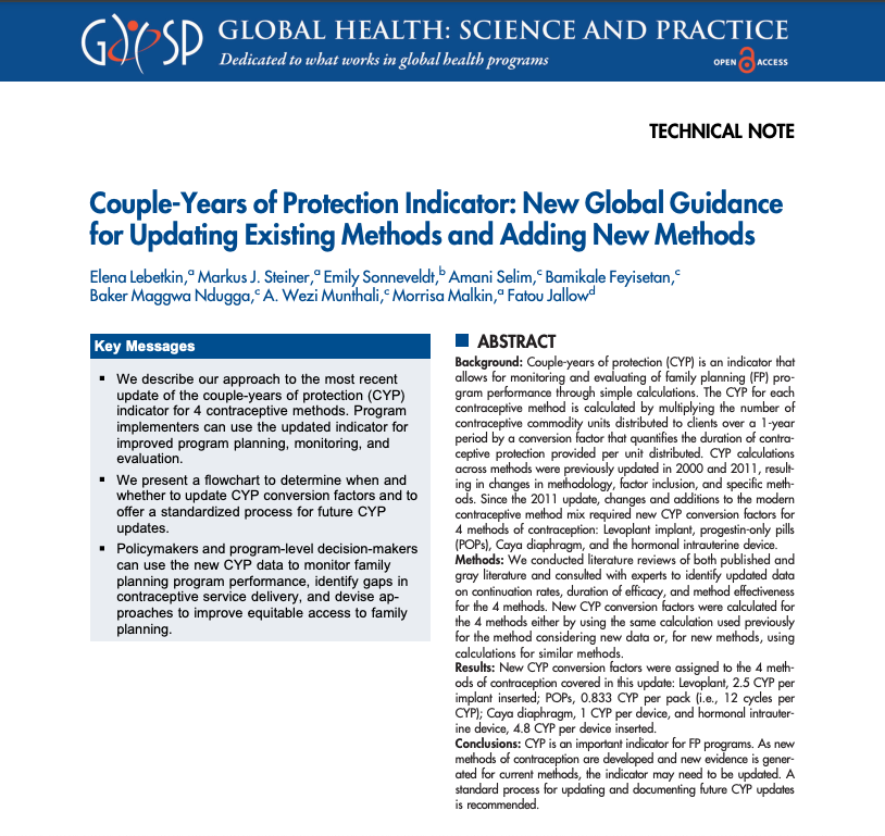 Couple-years of protection is an important indicator for measuring coverage of FP programs. Method-specific updates are required when a new method is introduced, a regulatory body changes the duration of use, or a significant change in presentation occurs. tinyurl.com/y3u35m8j