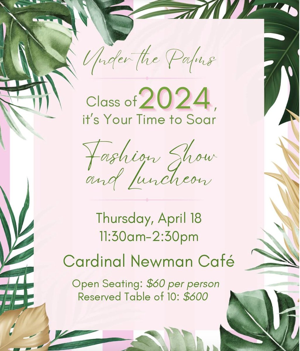 Don't miss the Annual Senior Fashion Show and Luncheon at Cardinal Newman!🎩👗 Thurs., April 18, 11:30am - 2:30pm for an afternoon filled with entertainment and style. Reserve your spot now athttps://cardinalnewman.com/event/class-of-2024-fashion-show-and-luncheon/