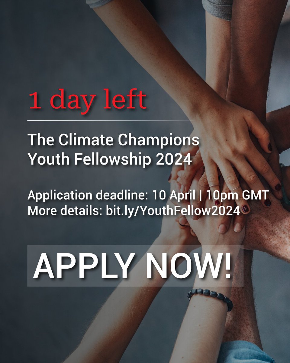 🚨 Last Chance: Applications for the Climate Champions Youth Fellowship end tomorrow! Apply by 10 April, 10 PM GMT. Ready to be a climate leader? 👉 bit.ly/YouthFellow2024 Follow us on Instagram: instagram.com/hlcchampions/