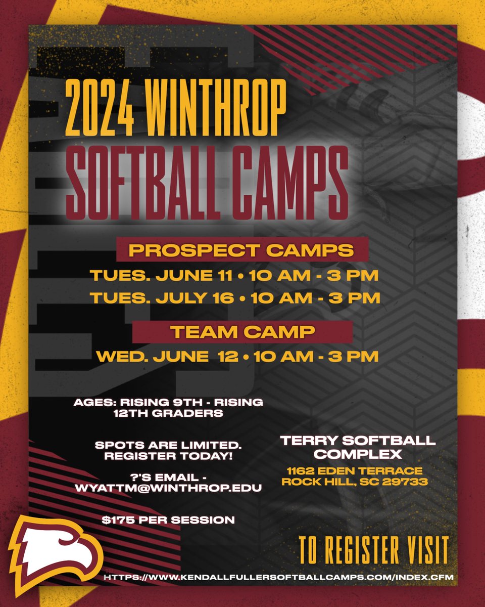 💥 Winthrop Summer Camps💥 Fly on down to Rock Hill this summer for some 🥎 with your Eagles‼️ Prospect Camps - June 11 & July 16 🔗 bit.ly/kfullersbcamps Team Camp - June 12 🔗 bit.ly/WUTeamCamp If you have ❓'s email wyattm@winthrop.edu #WUon2 | #ROCKtheHILL 🤘