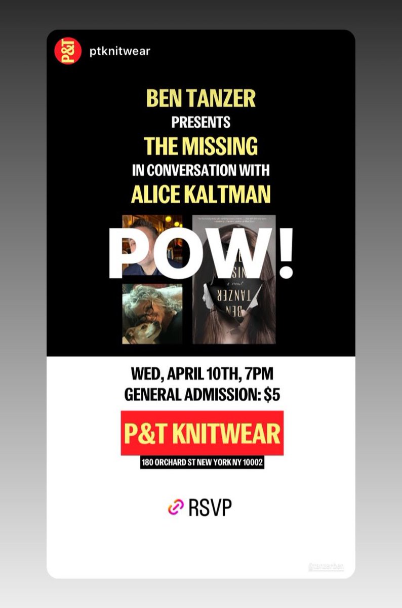 Hey New York City, let’s do this tomorrow night at P&T Knitwear, yes? Yes. Wonderful. See you there. @lcheuk @AliceKaltman @ptknitwear @713Books @lcheuk @saralippmann @briangresko @madaecnerwal #themissing