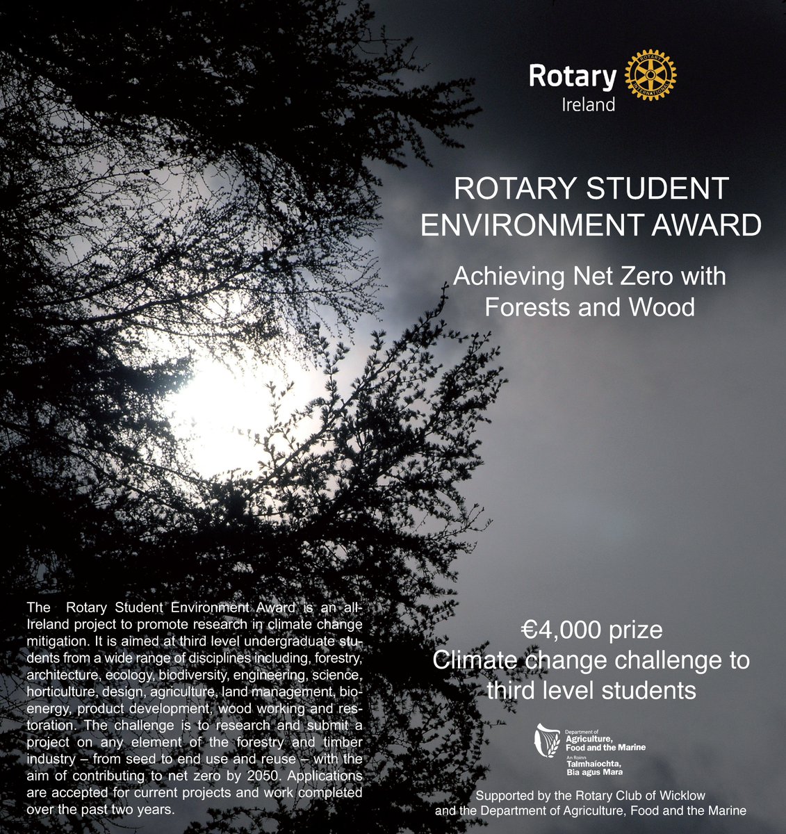 The Rotary Student Environment Award is an all-Ireland project to promote research in #climatechange mitigation. Open to third level students with a prize up to €4,000 Closing date: 3rd July 2024 Link: wood.ie/wp-content/upl… #woodawards