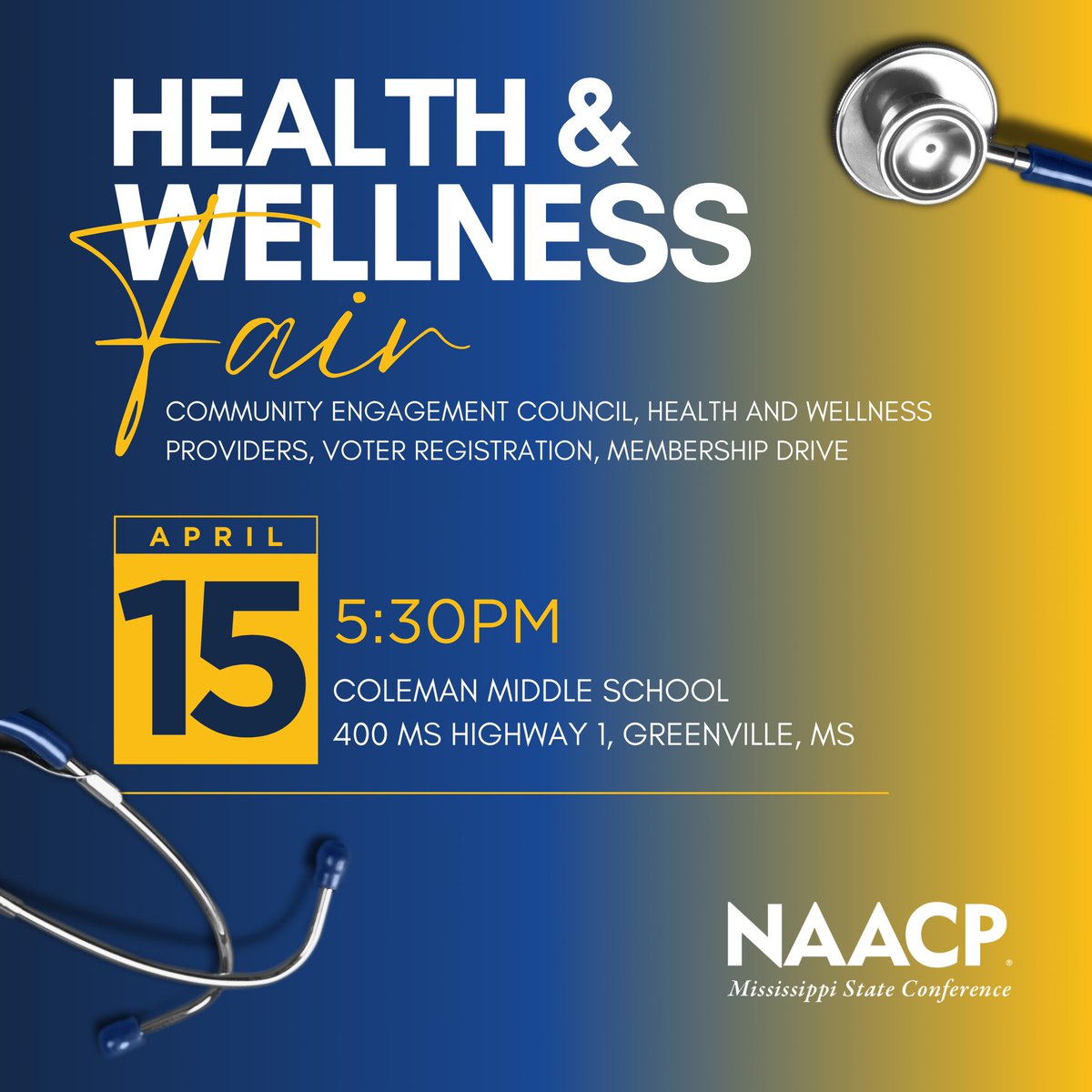 Join us at the Health and Wellness Fair in Greenville, MS! 🩺👩🏽‍⚕️👨🏾‍⚕️

🗓️ Date: April 15th, 2024
🕠 Time: 5:30 PM
📍 Location: Coleman Middle School, 400 MS Highway 1, Greenville, MS

Let's build a healthier community together!