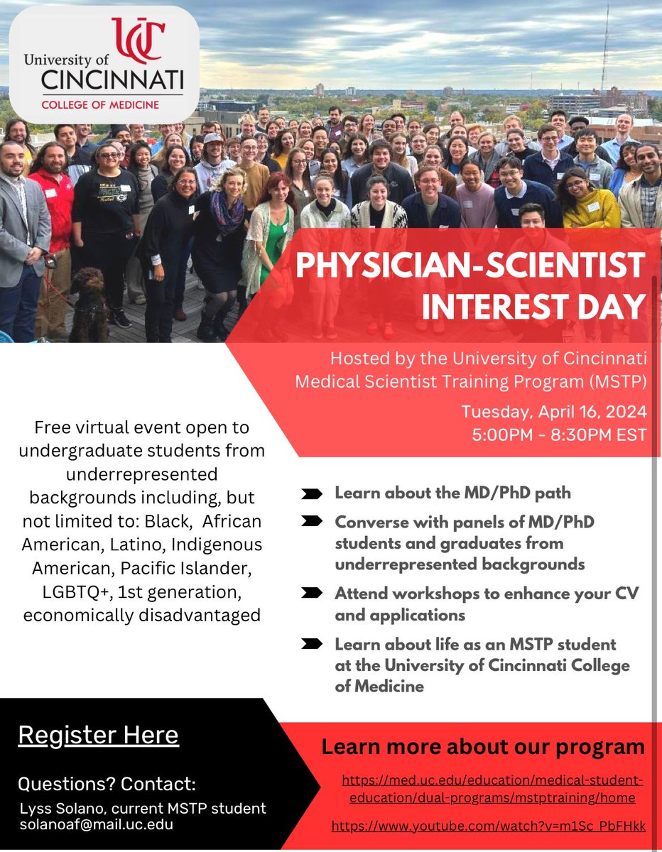 Register for Physician-Scientist Interest Day at ucincinnati.zoom.us/meeting/regist… where you’ll learn about the MD/PhD path from some of our incredible students!