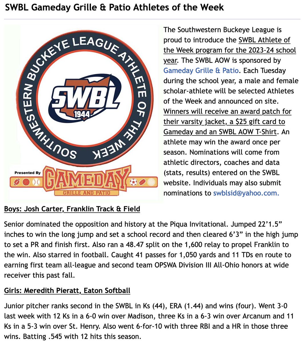 Gameday Grille &amp; Patio SWBL Athletes of the Week swblsports.com <a href="/vv_spartans/">Valley View Spartans Athletics</a> <a href="/EatonEaglesHS/">Eaton High School</a> <a href="/MadisonMohawks/">Madison Mohawks</a> <a href="/BVILLEATHLETICS/">Brookville Athletics</a> <a href="/Carlisleathlet1/">Carlisleathletics</a> @BellbrookSports <a href="/Coach_ODell/">Charlie O'Dell</a> @OakwoodHigh <a href="/WVilleAD/">Spartan Athletics</a> <a href="/HornetsInGame/">Monroe Athletics</a> <a href="/berryjohnt/">John Berry</a> <a href="/TheEdgeAthletic/">TheEdge_Athletics</a> <a href="/RossRamsAD/">Justin Beck</a> <a href="/stew1133/">Bill Stewart</a>