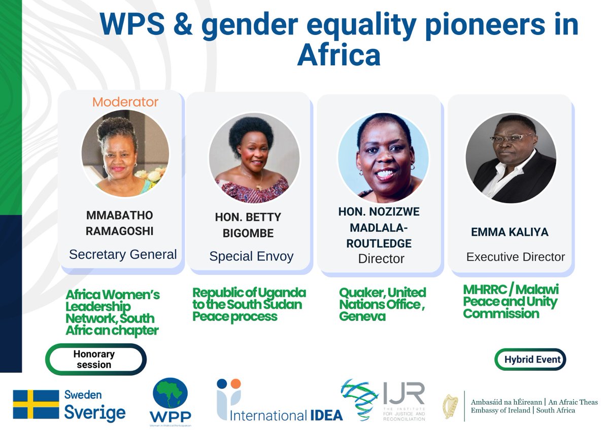 Pioneers in Women, Peace & Security were honoured today. Betty Bigombe, Special Envoy of Uganda to the South Sudan Peace Process; Nozizwe Madlala-Routledge, Director of the Quaker UN Office; Emma Kaliya, Exec Director of Malawi HR Resource Centre #WPS #UNSCR1325 #WomenLeadAfrica