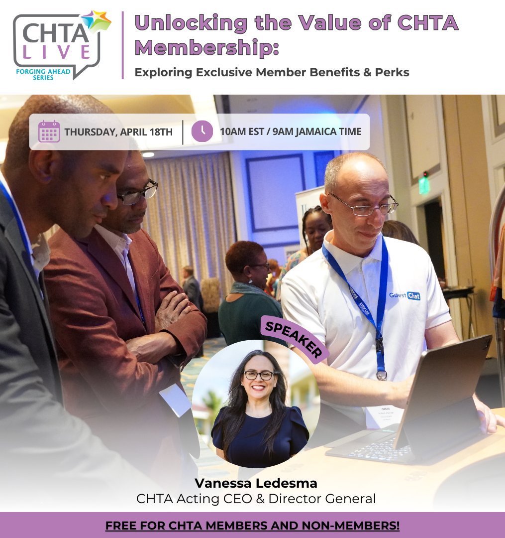 🔓 Unlock the full value of a CHTA Membership! Join our FREE session open to all - members and non-members! Discover exclusive perks and networking opportunities only available to members. Register now! 🔗member.caribbeanhotelandtourism.com/events/registe…? #CHTALive #MembershipPerks #ExclusiveBenefits