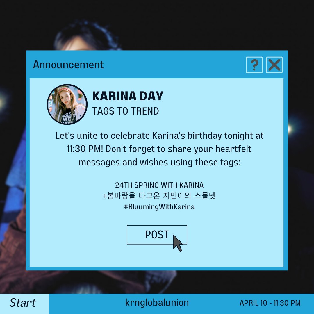 [HASHTAG EVENT]

We'll post guidelines on posting, let's all participate! Remember to ONLY use the following tags.

24TH SPRING WITH KARINA
#.봄바람을_타고온_지민이의_스물넷
#.BluumingWithKarina

#KARINA #카리나 #カリナ
#에스파 #aespa   @aespa_official