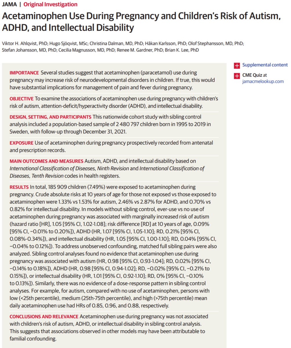 News from us in <a href="/JAMA_current/">JAMA</a> 🎉🎉 
We study pregnancy exposure to acetaminophen/paracetamol and risk of autism, ADHD, and intellectual disability in 2.5 million Swedish children

Study: doi.org/10.1001/jama.2…
Press release: tinyurl.com/32yj98yb

🧵🧵🧵🧵follows..