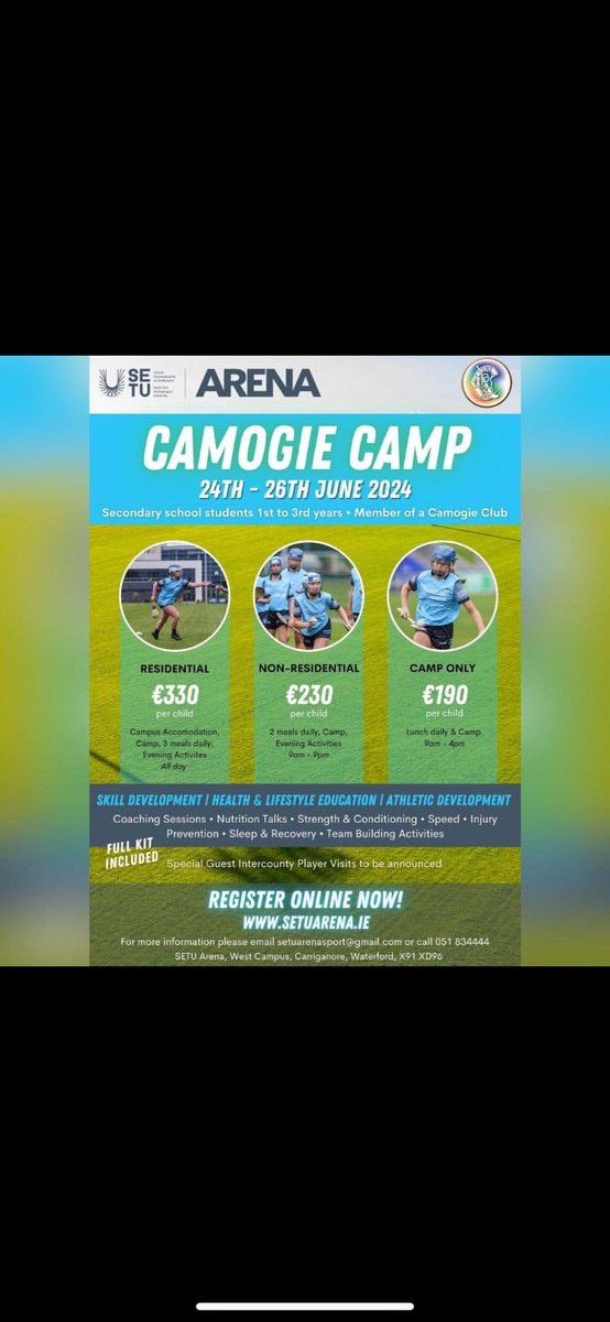 Attention all future camogie stars! Join us for our exciting developmental Camogie Camp from June 24th to 26th, for children in 1st to 3rd year of secondary school. 🏑 Secure your spot online ➡ setuarena.ie/summer-and-mid…