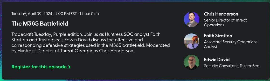 Today is #TradecraftTuesday and you know what that means: attacker tradecraft and mitigations! Today's episode features some #Microsoft365 tradecraft by @rootsecdev and investigation techniques by @f0xtrot_sierra  

#DFIR #M365 @HuntressLabs @TrustedSec 

bigmarker.com/series/tradecr…