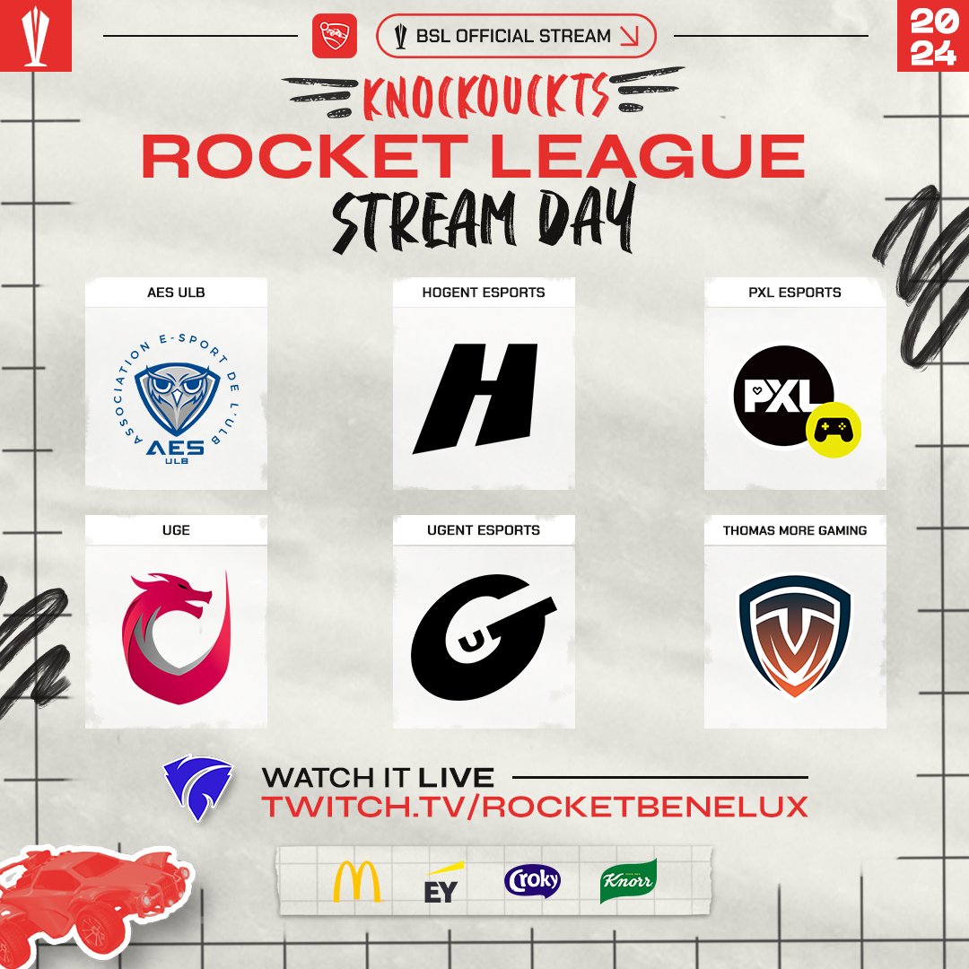 The BSL Rocket League Knockouts start tonight at 19:00! 🏆 Check out the teams playing tonight: @aes_ulb @hogent_esports @esports_pxl Umons @ugent_esports @thomasmoregaming Tune in to the stream: twitch.tv/rocketbenelux