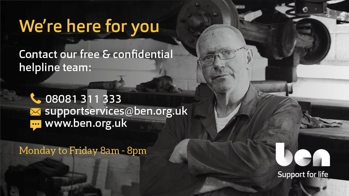 If you work, or have worked in the automotive industry, we're here for you. Call our free & confidential helpline 📞 on 08081 311 333 - or chat with us online 💬 at ben.org.uk (Mon-Fri 8am-8pm) #Support4Life #Support