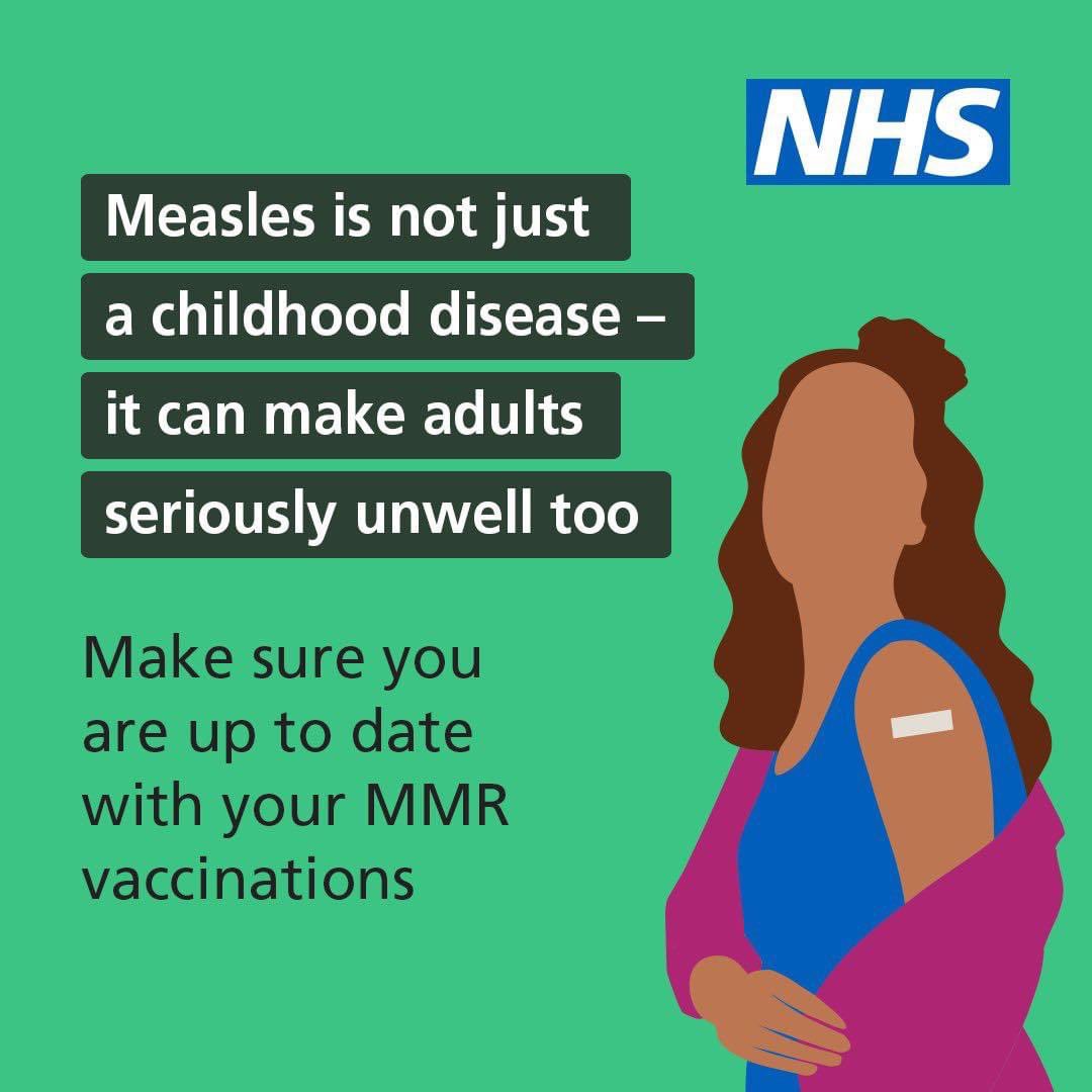 Measles – are you protected? For lifelong protection, you need 2 doses of the MMR vaccine. If not, you could be at risk – if you need to catch up, contact your GP practice. ➡️ nhs.uk/MMR