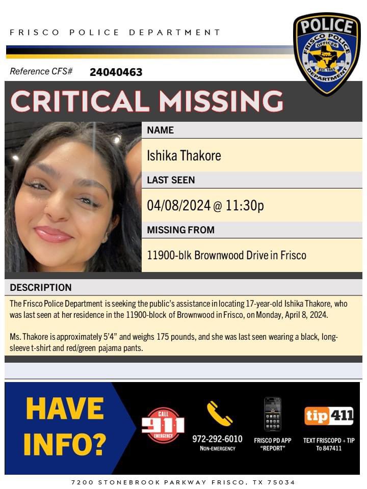 Another Indian American is missing. @FriscoPD is seeking assistance in locating 17-year-old Ishika Thakore, last seen Monday, Apr 8 at 11:30 PM in Frisco, Texas. 
#greencardbacklog community, please share.
#NRINews #America #US #Texas #India