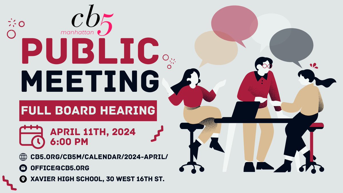 📢 Join us tomorrow night at 6:00pm for the monthly Community Board 5 Public Hearing and Full Board meeting. The agenda can be found on our website. Register here: us06web.zoom.us/webinar/regist…