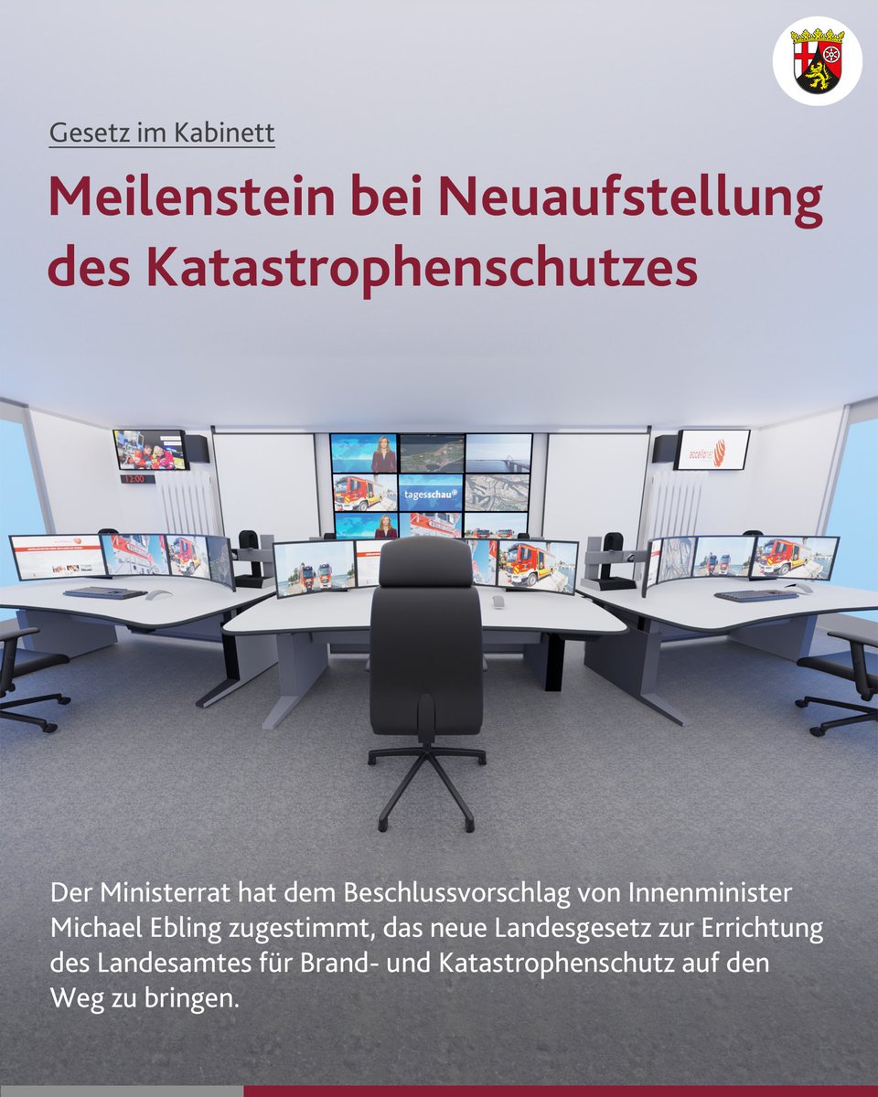 🚒 Das Landesamt für Brand- und Katastrophenschutz wird als zentrale Behörde im #Bevölkerungsschutz errichtet. Dort sollen künftig sämtliche Maßnahmen zur Bewältigung von Großschadenslagen und Katastrophenfällen in #RLP koordiniert werden.

🔗 s.rlp.de/y7Vkg