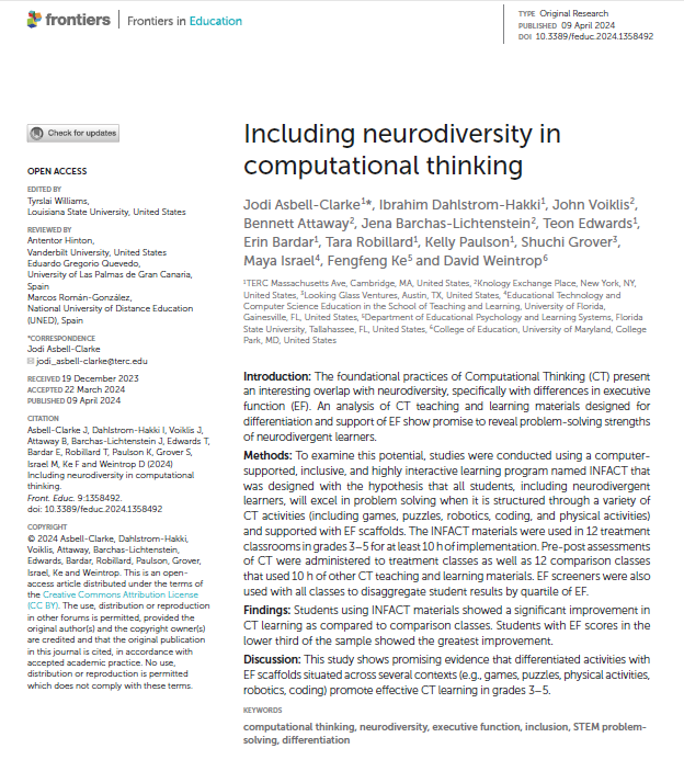 Very happy to have contributed as a reviewer of the paper entitled 'Including neurodiversity in computational thinking' (Asbell-Clarke et al., 2024)

Congrats to the authors!!! @shuchig 

doi.org/10.3389/feduc.…

#ComputationalThinking #Neurodiversity #ExecutiveFunction #STEM