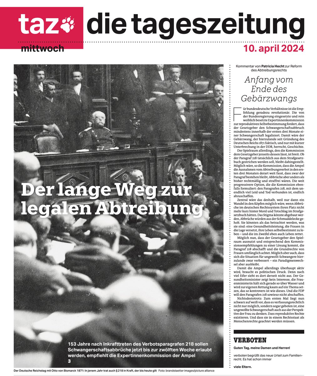 Legalisierung nach mehr als 150 Jahren: #tazeins zu den Empfehlungen an die Ampel für eine Reform des Abtreibungsrechts in Deutschland @patrihecht @D__nah @tazgezwitscher