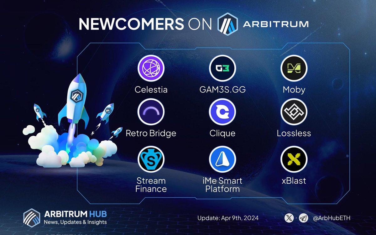 🚀 NEWCOMERS ON ARBITRUM 💙🧡 🌟 Welcoming all the new projects joining the #Arbitrum ecosystem 👇 @CelestiaOrg @GAM3Sgg_ @Moby_trade @retro_bridge @Clique2046 @StreamDefi @losslessdefi @iMePlatform @xblast_app Get ready for innovation and growth! 🌿 #Newcomers $ARB