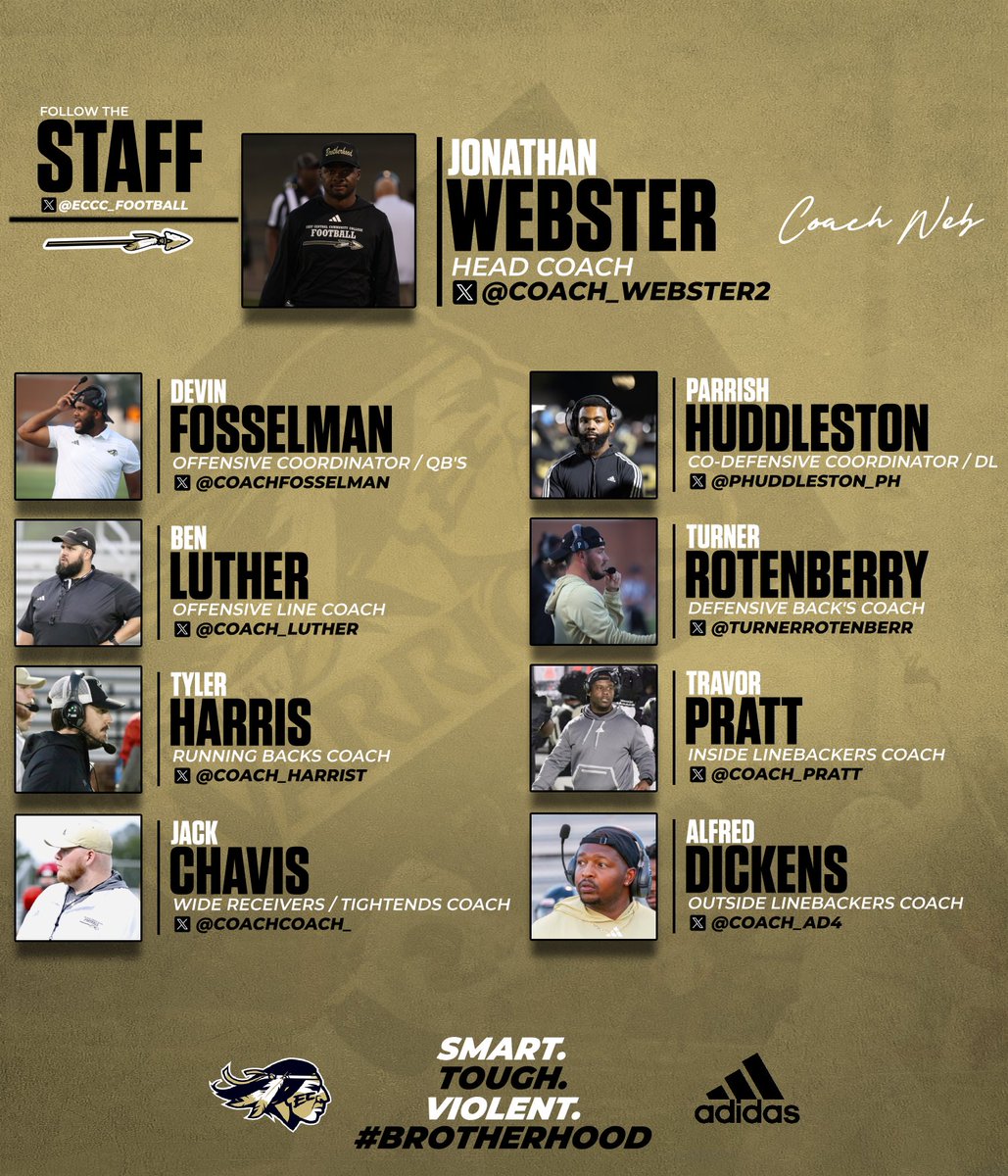 Follow The East Central Staff! We will see you soon! Main: @eccc_football Head Coach: @Coach_Webster2 Co-DC/DL: @phuddleston_ph DBS: @turnerrotenberr ILB: @Coach_pratt OLB: @Coach_AD4 OC/QBs: @CoachFosselman OL: @Coach_Luther RBs: @coach_HarrisT WR/TEs: @CoachChavis__