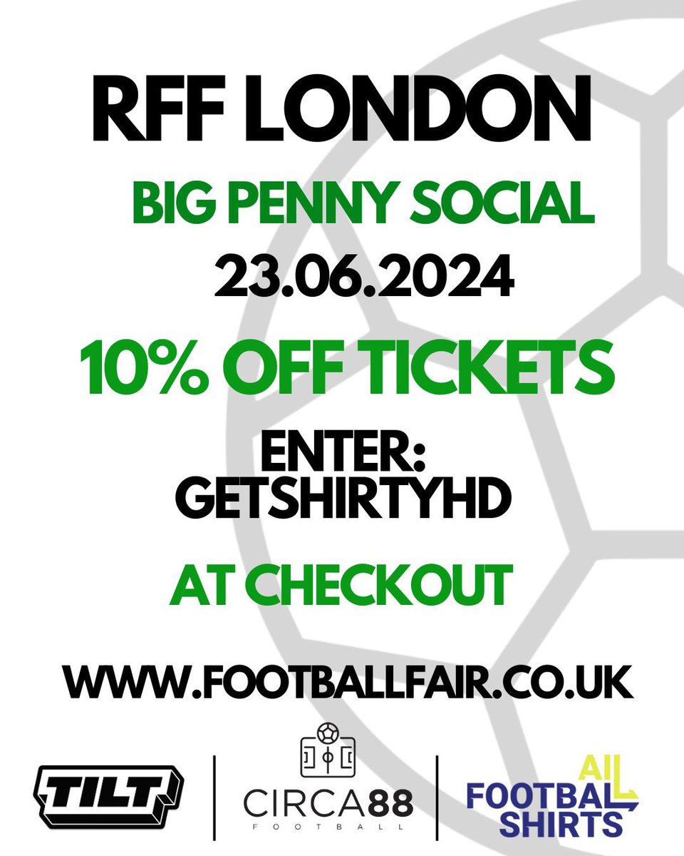 getshirtyHD's tweet photo. We’re super excited to announce that in just over 10 weeks we’ll be exhibiting @rff_uk London!! ⚽️

It’s our debut at the event so come down and join us for a day full of all things football🍻

Use our code: GETSHIRTYHD to get 10% off tickets… see you all there 😎⚽️ https://t.co/nTQZFoBOpk