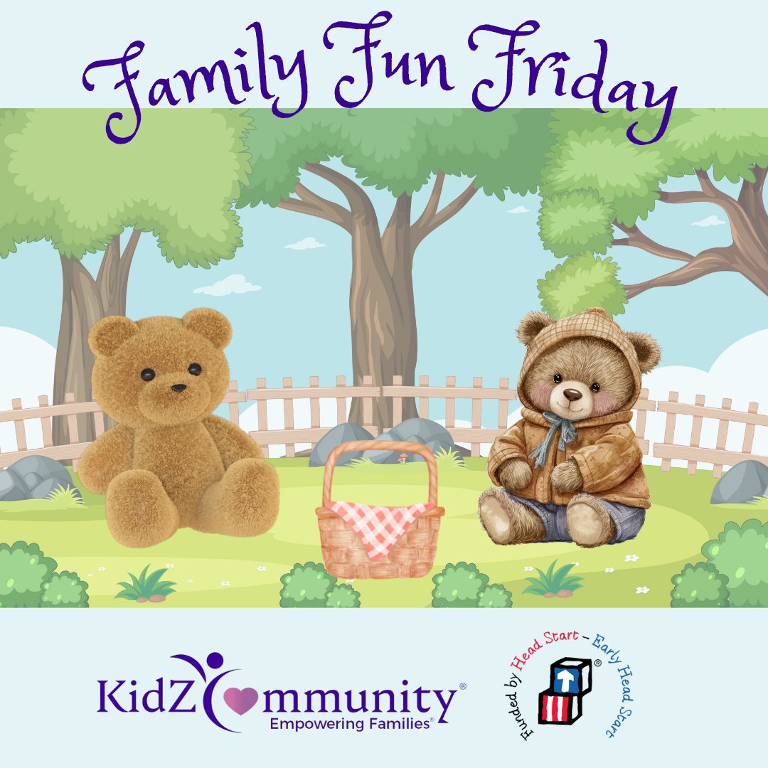 This #FamilyFunFriday have a teddy bear picnic 💜 Have your child bring their teddy bears or other favorite stuffed animals on the picnic. Pack a basket just for the bears with a blanket, napkins, pretend food, and plastic plates and tea cups.

#HeadStart #EarlyHeadStart