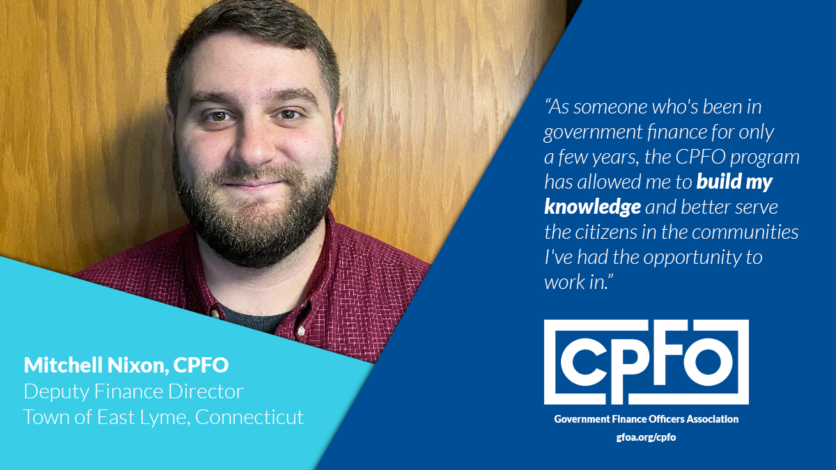 Congratulations to Mitchell Nixon who recently completed his CPFO journey! Mitchell started the process looking for a deeper understanding of his job functions and how they impacts the community he serves. Learn more: gfoa.org/cpfo-spotlight… #GFOA #leadership