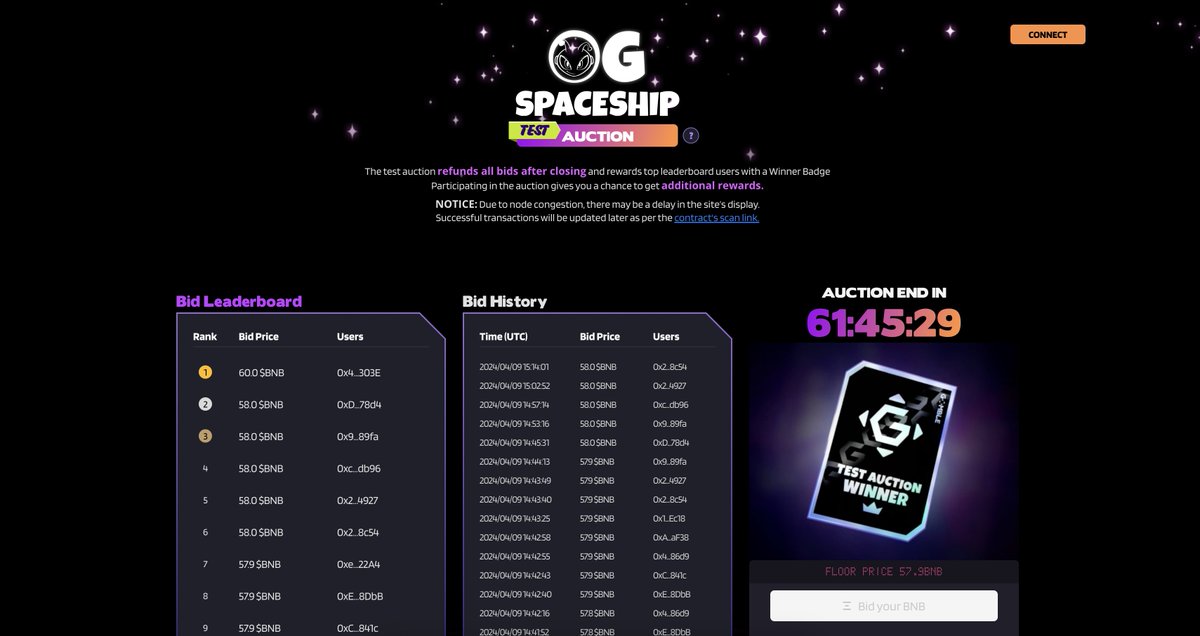 58 $BNB floor price (over $34K) 😯 @gomblegames has launched a test auction for the OG Spaceship NFT collection and the results are incredible in under 12 hours! All bids for this round will be refunded as it's a test auction. However, there will be a badge for the winners.…