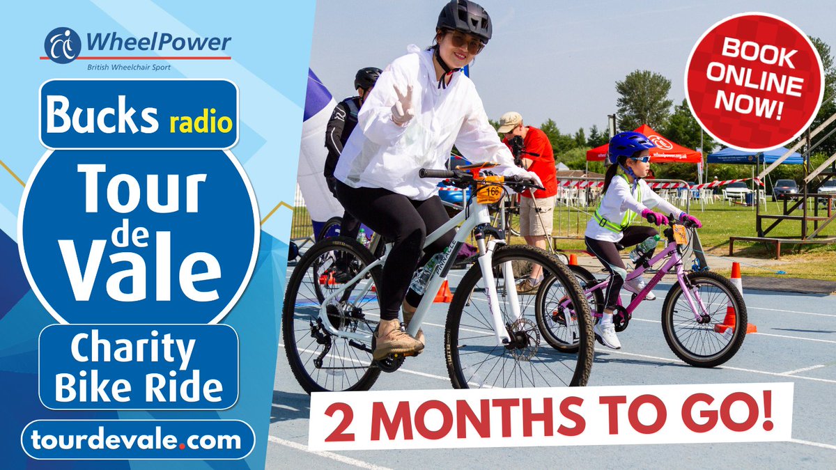 2 MONTHS TO GO! 🚴‍♀️ Buckinghamshire's biggest charity bike ride, the Tour de Vale is back on Sunday 9 June and you are invited. Choose from 25, 75 & 110km routes and enjoy cycling with your family and friends. SIGN UP TODAY 🚴‍♂️ tourdevale.com #TourdeVale #WheelPower