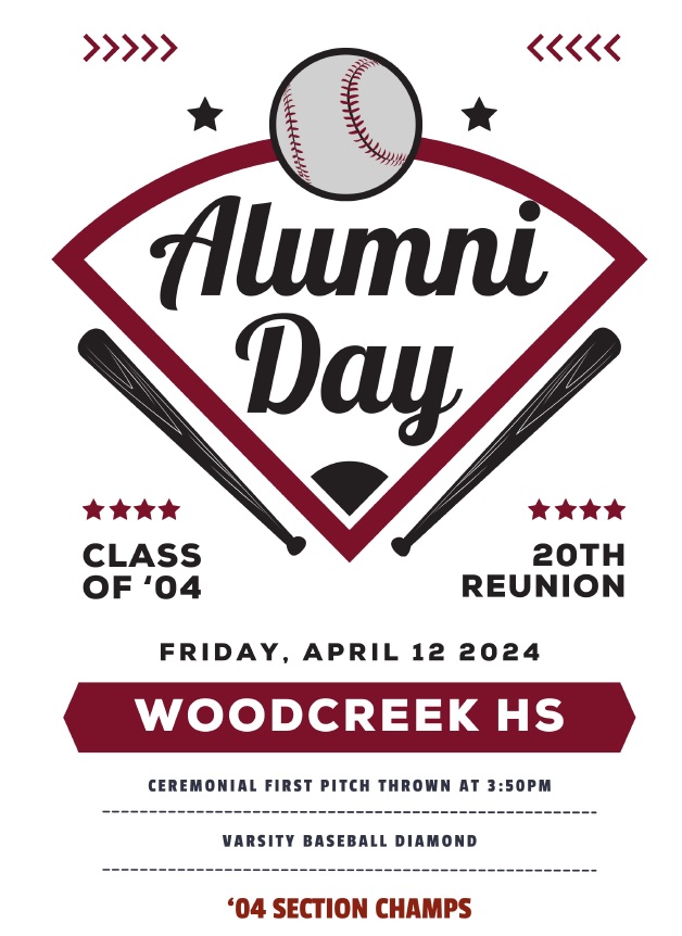 Celebrating the 20th year anniversary of the 2004 Woodcreek Baseball team that won sections. Players from the 2004 team will throw out the ceremonial first pitch. We hope to have staff, previous coaches, and other members of the community at the ballpark!