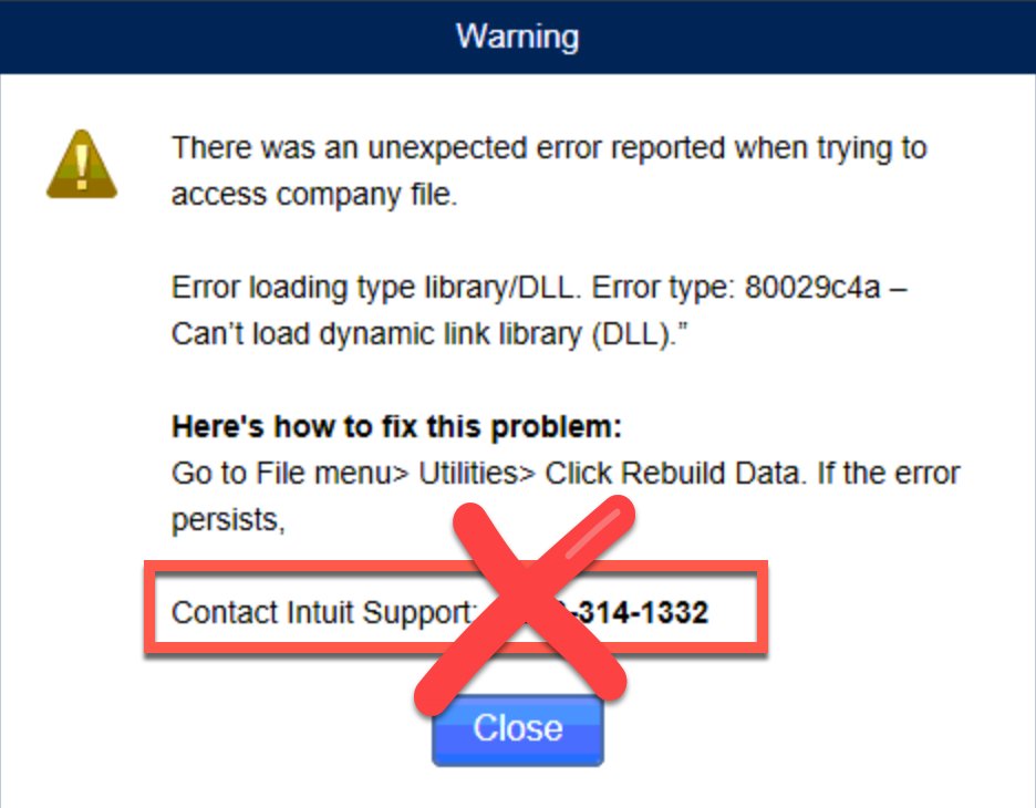 ⚠️ Don't be fooled by FAKE QuickBooks Error Popups ⚠️ We have received calls from #QuickBooks desktop clients alarmed at the following 'Warning' popup on their computer. The error message is FAKE, but needs to be removed. Call us and we can manually remove it. 281-412-6914.