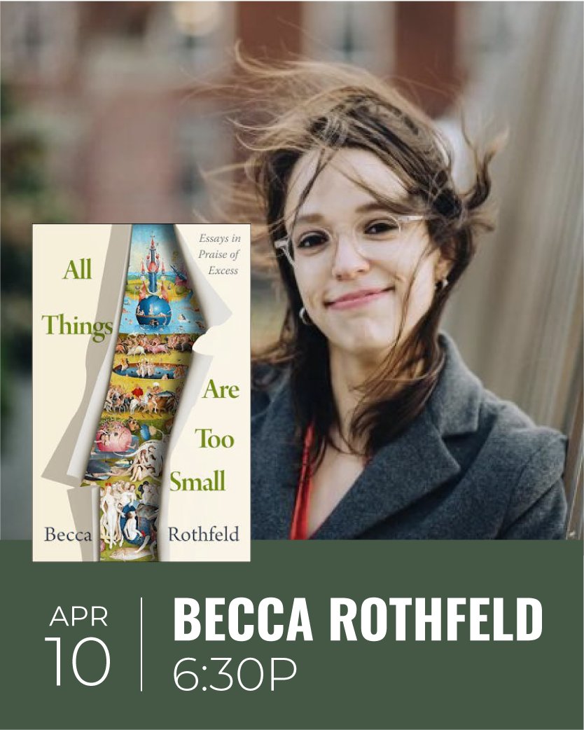 TOMORROW: Don't miss Becca Rothfeld (@heidegrrrrl) read her debut essay collection, All Things Are Too Small. 6:30pm. She'll be joined in-conversation with Phil Christman. literatibookstore.com/event/becca-ro…