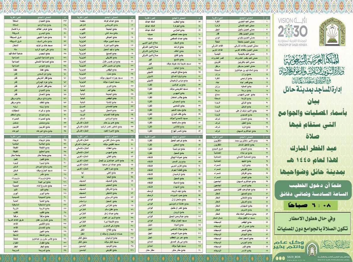 المصليات والجوامع التي ستقام بها #صلاة_عيد_الفطر_المبارك لهذا العام ١٤٤٥هجري بمدينة #حائل وضواحيها
نسأل الله أن يعيده علينا وعليكم بالخير  والبركات 
و #كل_عام_وأنتم_بخير
#حايل
#حايلنا