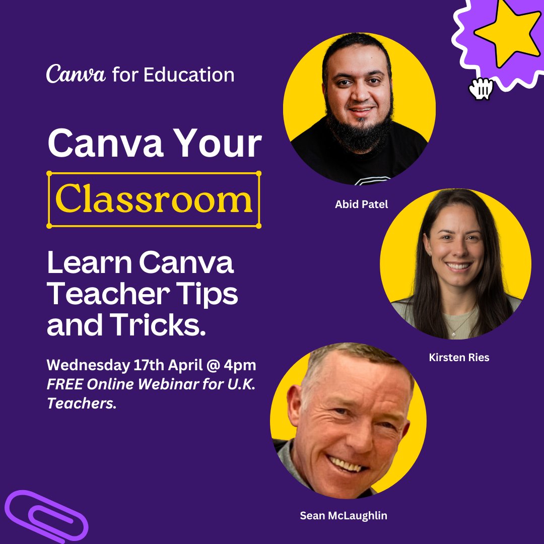 🎉 Excited to announce our Canvassador Guest Speakers for next week's U.K. Teacher Community Webinar. Can't wait to learn about their favourite Canva features. Not signed up yet? Register here: ➡️bit.ly/3UaScOb @abid_patel @Seanmc___ @mrsries_edu @CanvaEdu