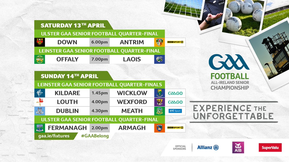 It's almost time for Week 2 of the All-Ireland Senior Football Championship! Check out this weekend's upcoming fixtures below. 👊

#ExperienceTheUnforgettable