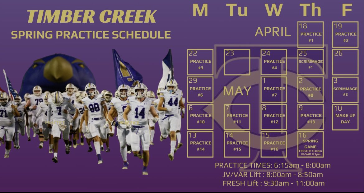 Falcon Family, check out the Spring Football dates! @coachkaehn will have more info for everyone at our parent meeting, NEXT Tuesday (4/16) at 6 PM in the TCHS cafeteria! #TCOD #CreekIsRising