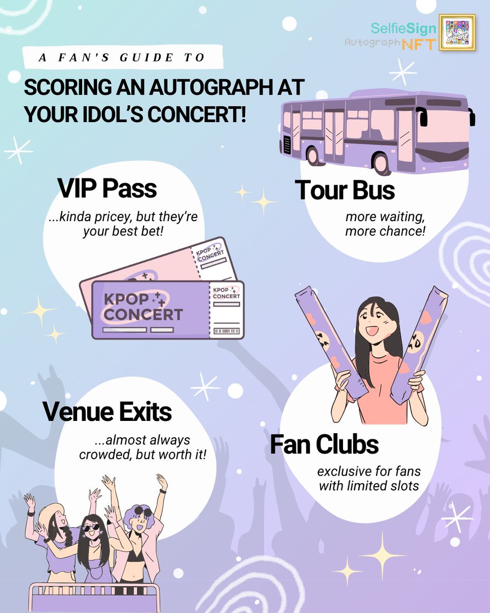 Want to snag your favorite artist's #autograph at your next concert? 🎶🧑‍🎤

Here are 4 ways to make it happen!

#청춘에게 Oh My My My #AOTM_니키 #TheMidnightStudio_OST_Destiny Rihanna #SOLAR With You $BLOCK #KPOP #concert #idol #fanbus #tour