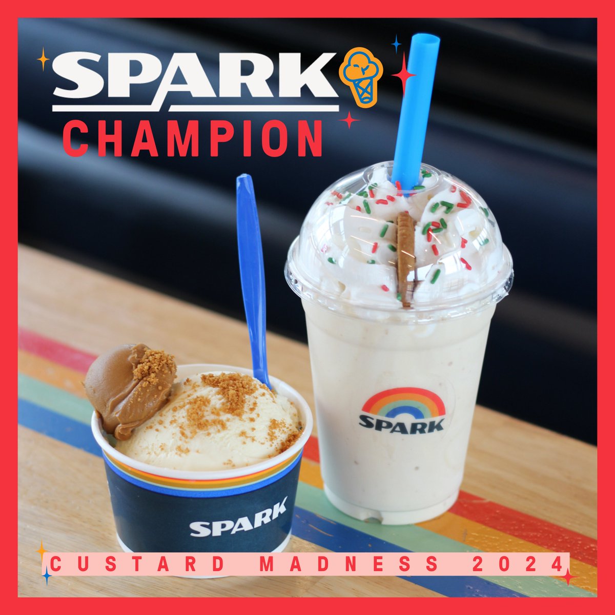 Our Custard Madness 2024 Champion is (drumroll please🥁)…Cookie Butter! This flavor scooped up a sweet victory by swirling through some tough seasonal competitors and coming out with 3 wins in a row. 🏆💪🏼 Now it’s time to celebrate by enjoying it all week long!