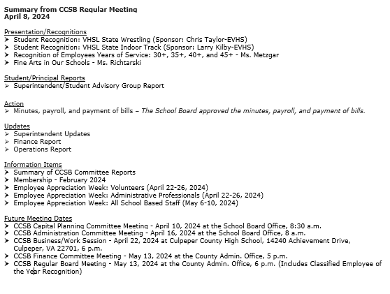 School Board Meeting - 4/8/24 Further information may be found at go.boarddocs.com/vsba/culp/Boar…